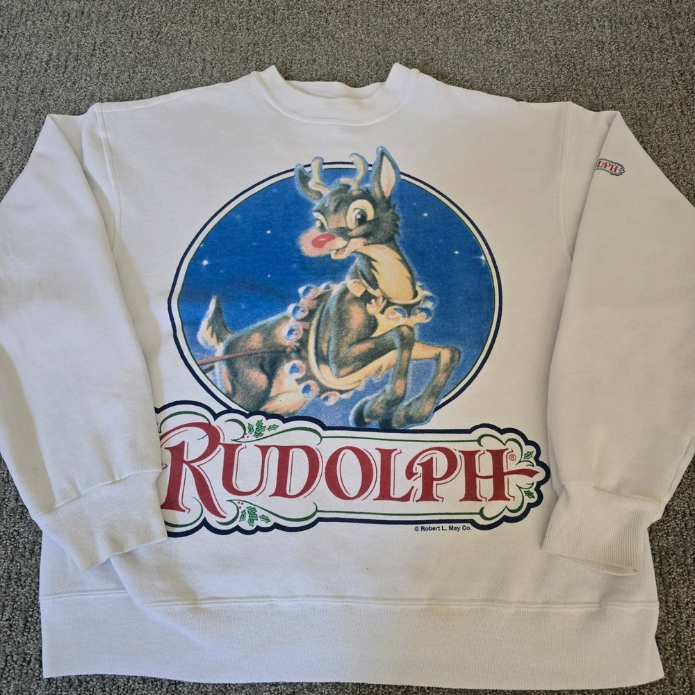 Rudolph Sweatshirt Hanes Large White Christmas Reindeer Graphic Crewneck